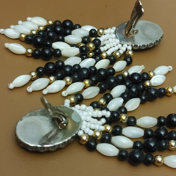 Vtg Clip On Earrings Southwestern Chandelier Stone Black MOP White Bead Dangle - Picture 8 of 11